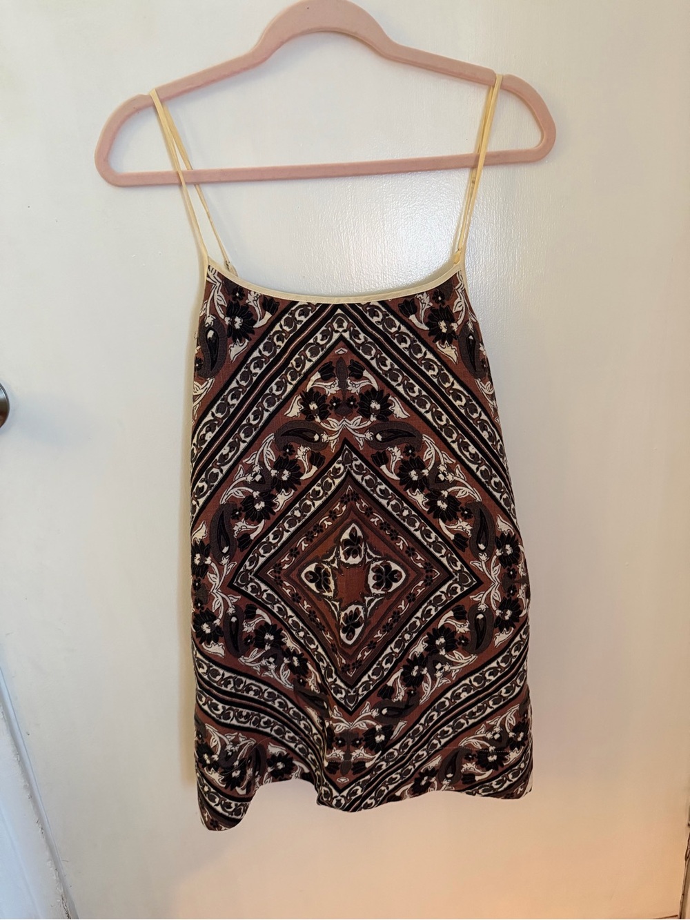 Free People Brown Paisley Mini Dress with Cream Trim